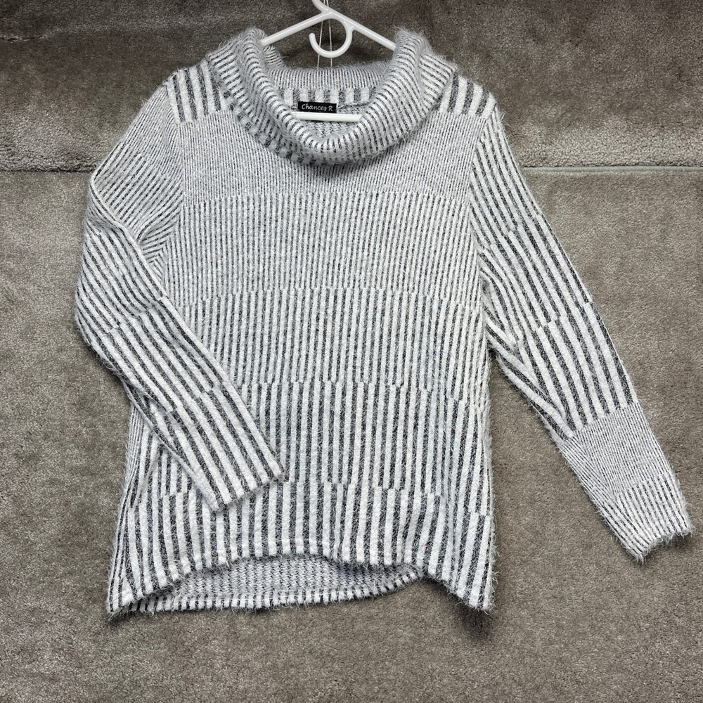 Chances R Womens Large Black White Striped‎ Cowl Neck Eyelash Knit Fuzzy Sweater